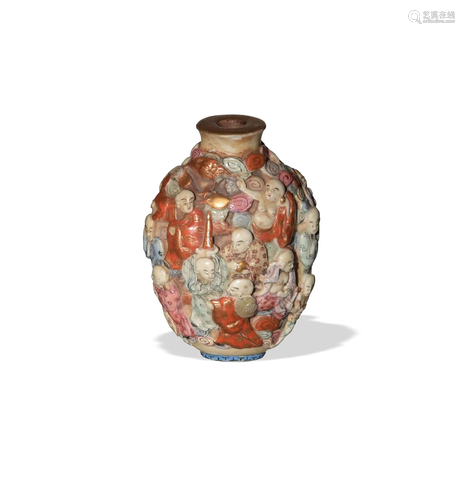 Chinese Carved Porcelain Snuff Bottle, 19th C#十九世纪 粉彩雕...