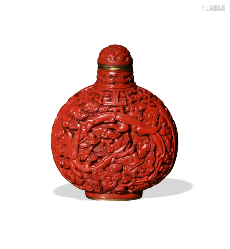 Chinese Cinnabar Snuff Bottle, 19th C#十九世纪 剔红龙纹鼻烟壶
