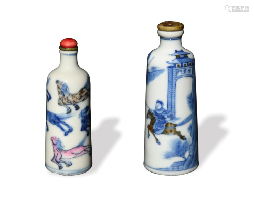 Two Chinese Underglaze Blue and Red Snuff Bottles, 19th十九世...
