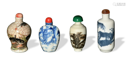 Group of 4 Chinese Porcelain Snuff Bottles, Late 19th十九世纪...