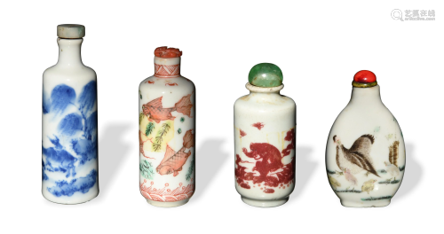 Group of 4 Chinese Porcelain Snuff Bottles, 19th十九世纪 各式...