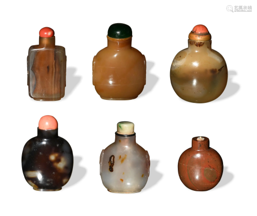 Group of 6 Chinese Stone Snuff Bottles ,19th C#十九世纪 玛瑙...