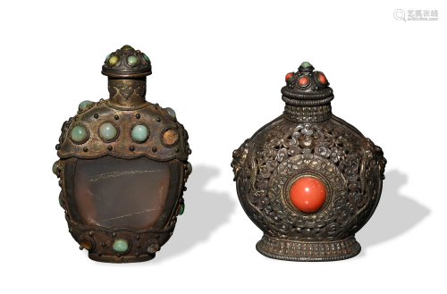 Two Chinese Silver Snuff Bottles with Precious Stones,十九世...