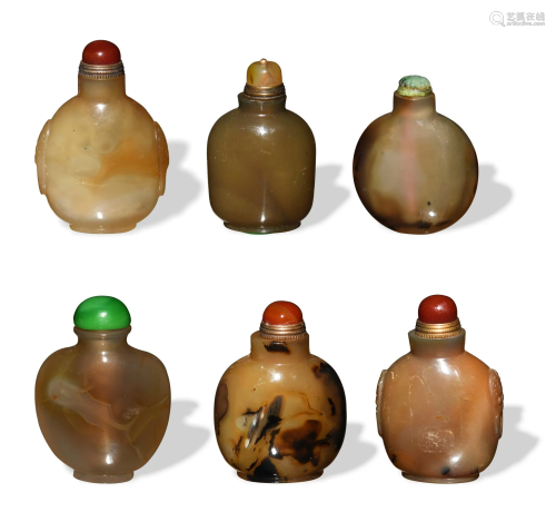 Group of 6 Chinese Agate Snuff Bottles, 19th C#十九世纪 玛瑙...
