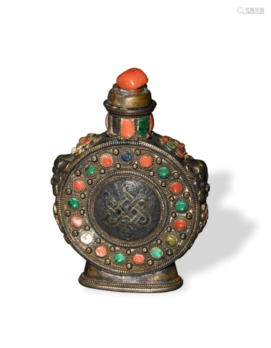 Chinese Silver Snuff Bottle with Precious Stones, 19th十九世...