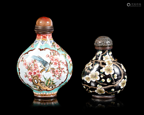 Two Enamel on Copper 'Prunus' Snuff Bottles