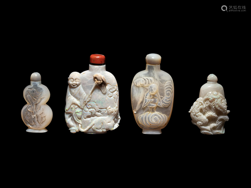 Four Carved Opal and Mother-of-Pearl Snuff Bottles