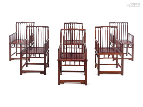 A Set of Six Chinese Hardwood Spindle-Back Armchairs,