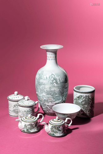 A Set of Seven Grisaille Decorated Porcelain Wares