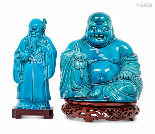 Two Turquoise Glazed Porcelain Figures of Immortals