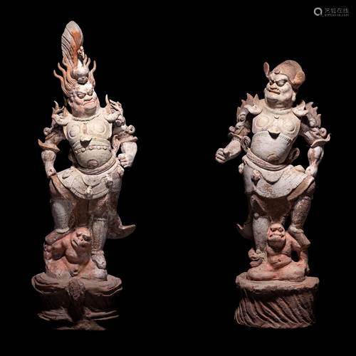 A Pair of Painted Pottery Figures of Lokapala