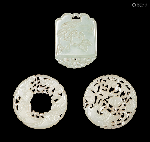 Three Carved Celadon Jade Plaques