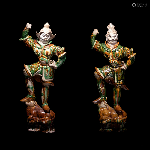 A Pair ofSancai Glazed Pottery Figures of Lokapalas