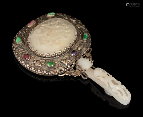 A Jade and Hardstone Inset Hand Mirror