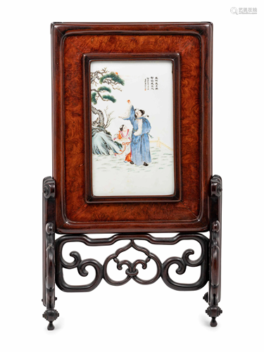 A Famille Rose Porcelain Inset Burlwood and Hardwood