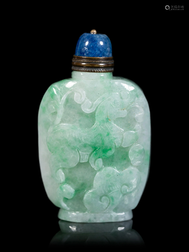 An Apple Green and Pale Celadon Jadeite Snuff Bottle