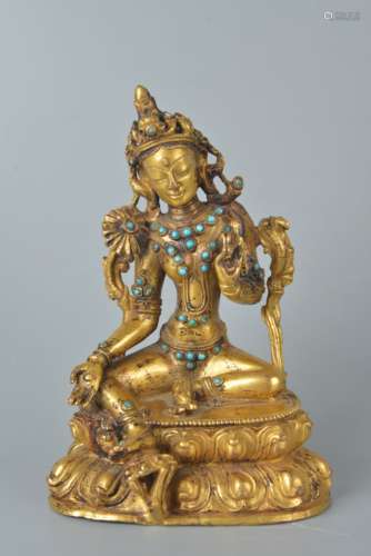 Bronze and gilt inlaid turquoise Buddha statue