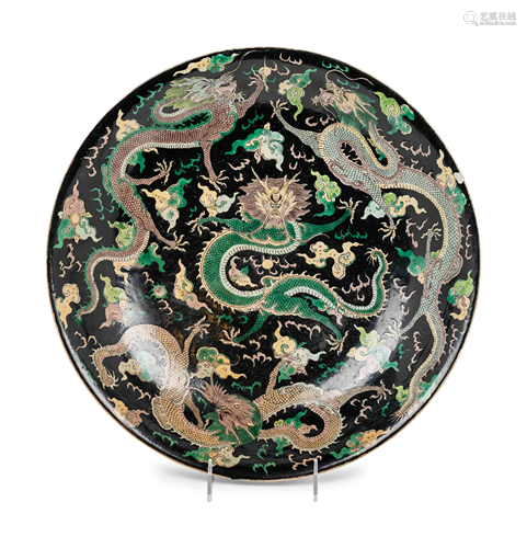 A Large Famille Noire Porcelain 'Dragon' Charger