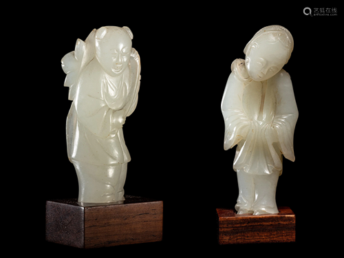 Two Carved Pale Celadon Jade Figures