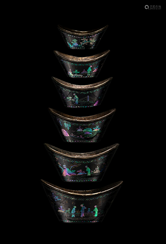 A Set of Six Mother-of-Pearl Inlaid Black Lacquer