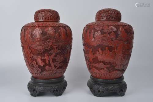 Carved lacquer lidded jar pair