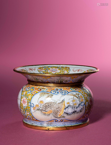 A Canton Enamel on Copper 'Quails' Spittoon