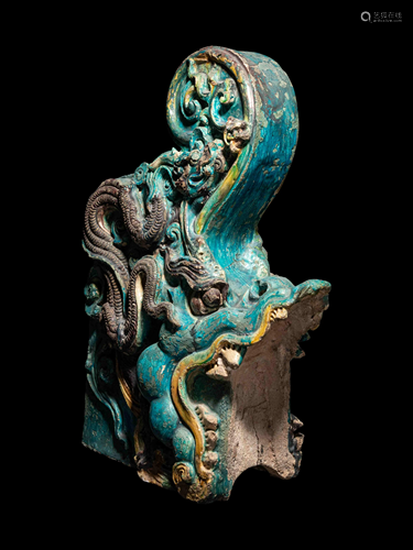 A Turquoise Glazed Pottery 'Dragon' Roof Tile