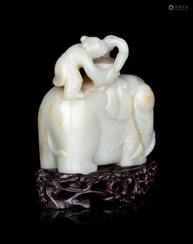 A Pale Celadon Jade 'Boy and Elephant' Group