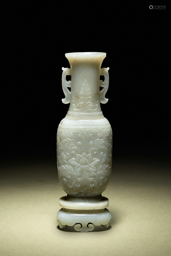 A Small Pale Carved Pale Celadon Jade Vase and Stand