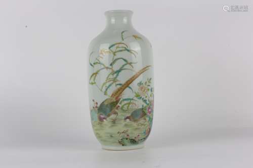 Qing Yongzheng famille-rose vase with flowers, birds and poe...