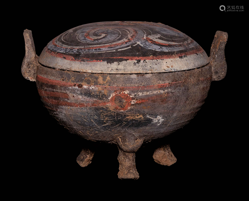 A Painted Pottery Tripod Vessel and Cover, Ding