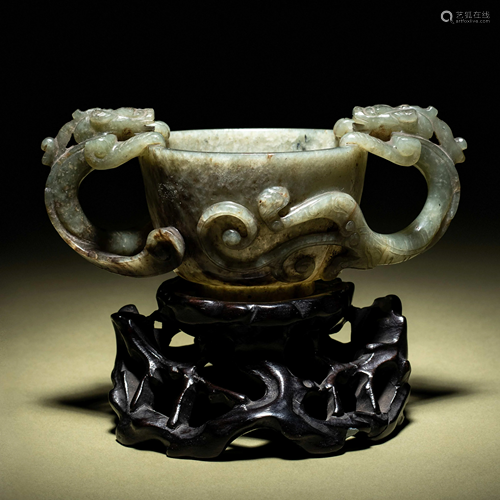 A Grey and Celadon Jade 'Dragon' Handled Cup