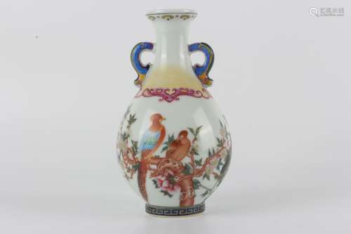 Qing Qianlong enamelled vase with flowers and birds in two e...