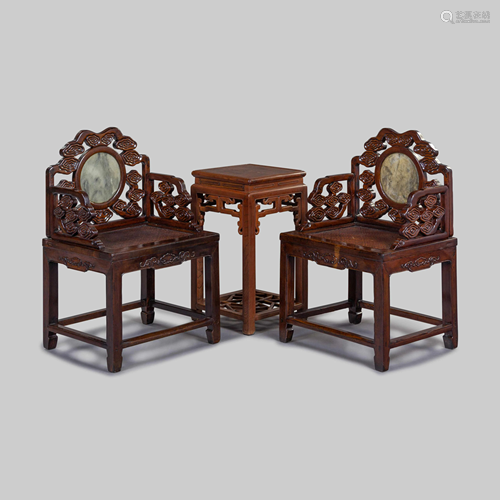 A Pair of Marble Inset Hardwood Armchairs and A