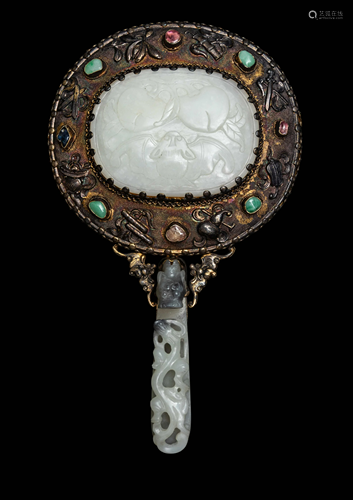 A White Jade Mounted and Hardstone Embellished Hand