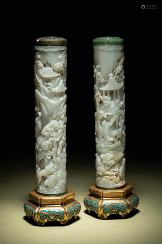 A Pair of Carved Celadon Jade Cylindrical Parfumiers