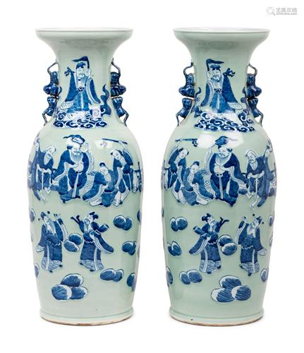 A Pair of Celadon Ground Underglaze Blue Porcelain