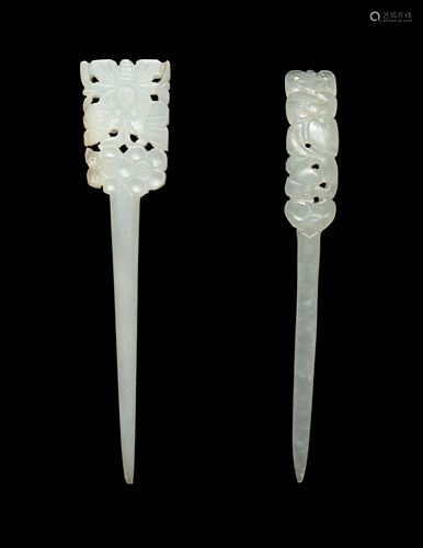 Two Reticulated White Jade Hairpins