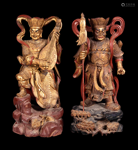 Two Large Gilt and Red Lacquered Wood Figures of