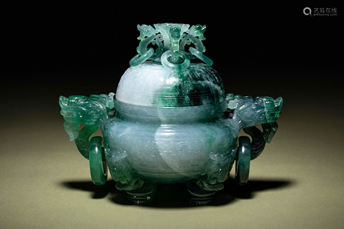 A Fine Semi-Translucent Green Jadeite Censer and Cover