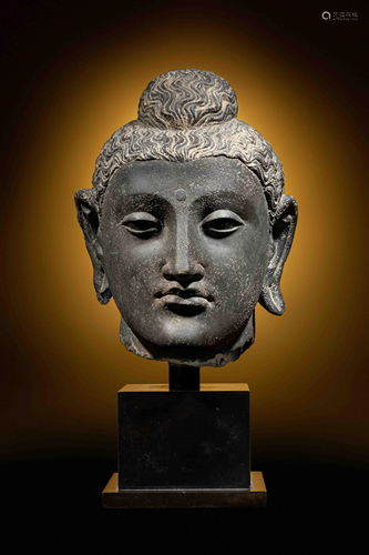 A Gandharan Grey Schist Head of Buddha Shakyamuni