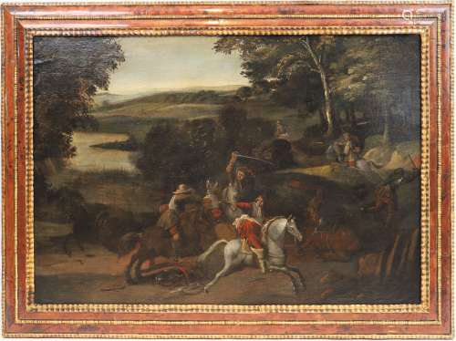 Ecole flamande XVIIème siècle Huile sur toile, scène de comb...