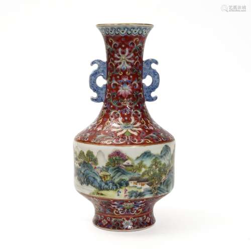 A famille rose bottle with landscape pattern and double hand...
