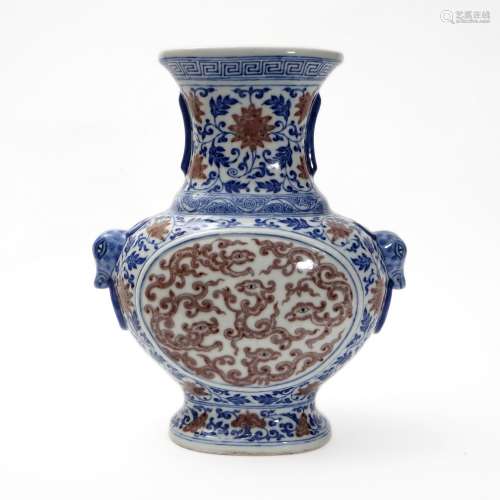 An underglaze blue & red bottle with double handle, Qianlong...