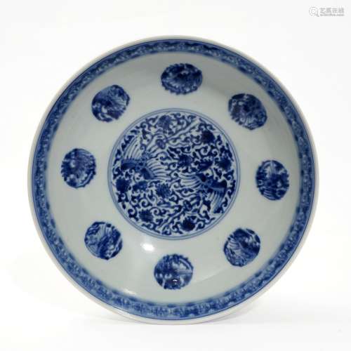 A blue and white bowl with phoenix pattern, Kangxi period, Q...