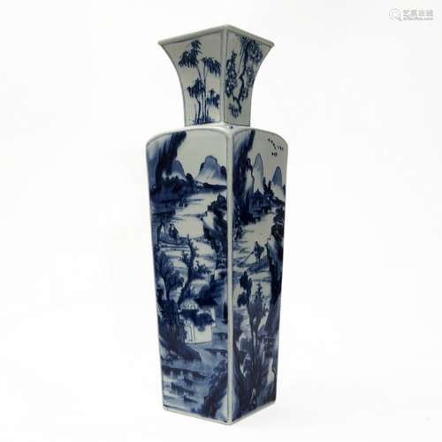 A blue and white square bottle with landscape pattern, Qing ...