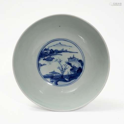 A blue and white bowl with landscape and figures, Qing Dynas...