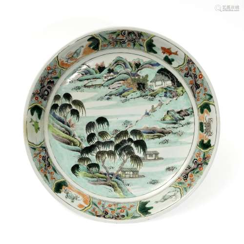 A bean-green famille verte plate with landscape pattern, Qin...