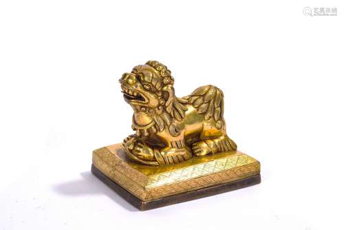 Rare Tibetan Gilt Bronze 'Lion' Buddhist Seal