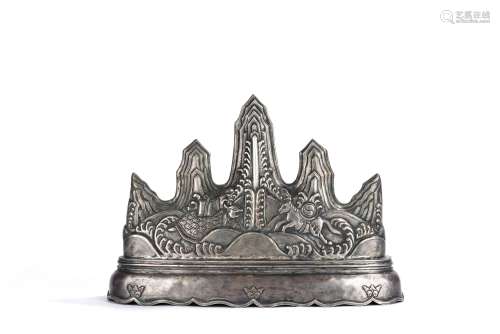 Large Chinese Silver Cast Mountain Peak Brush Rest